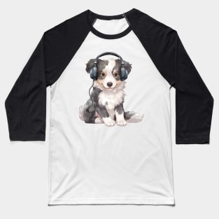 Watercolor Border Collie Dog with Headphones Baseball T-Shirt